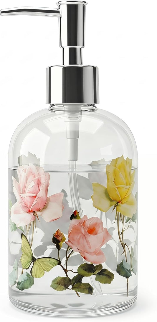 17Oz Glass Soap Dispenser with Pump, Refillable Hand Soap Dispenser for Bathroom & Kitchen, Vintage Rose & Butterfly Floral Design, Decorative Farmhouse Countertop Decor