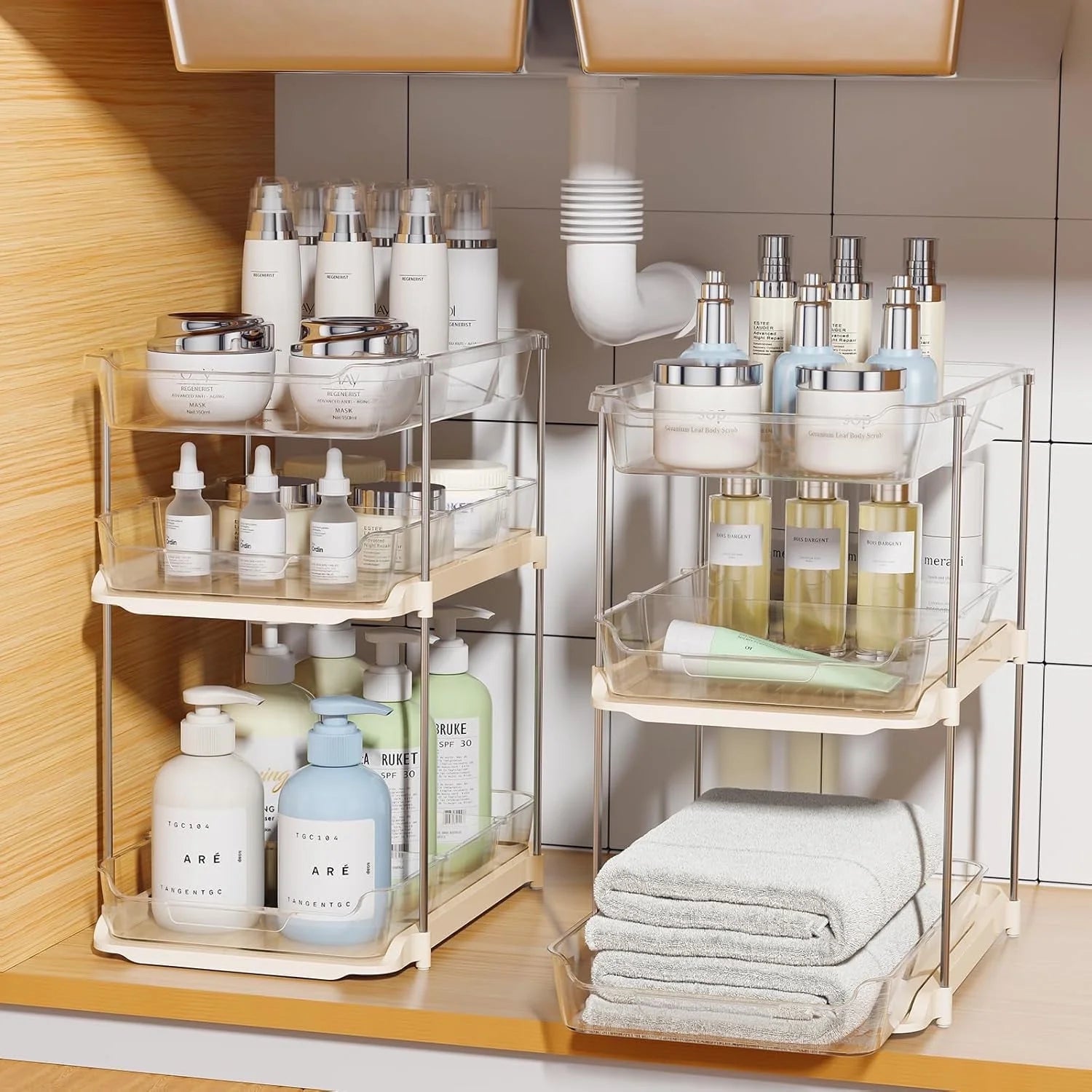 3 Tier Pull-Out under Sink Organizer Storage,  Bathroom Stackable Pantry Counter Sliding Cabinet Organization and Storage, 2 Sets, Beige