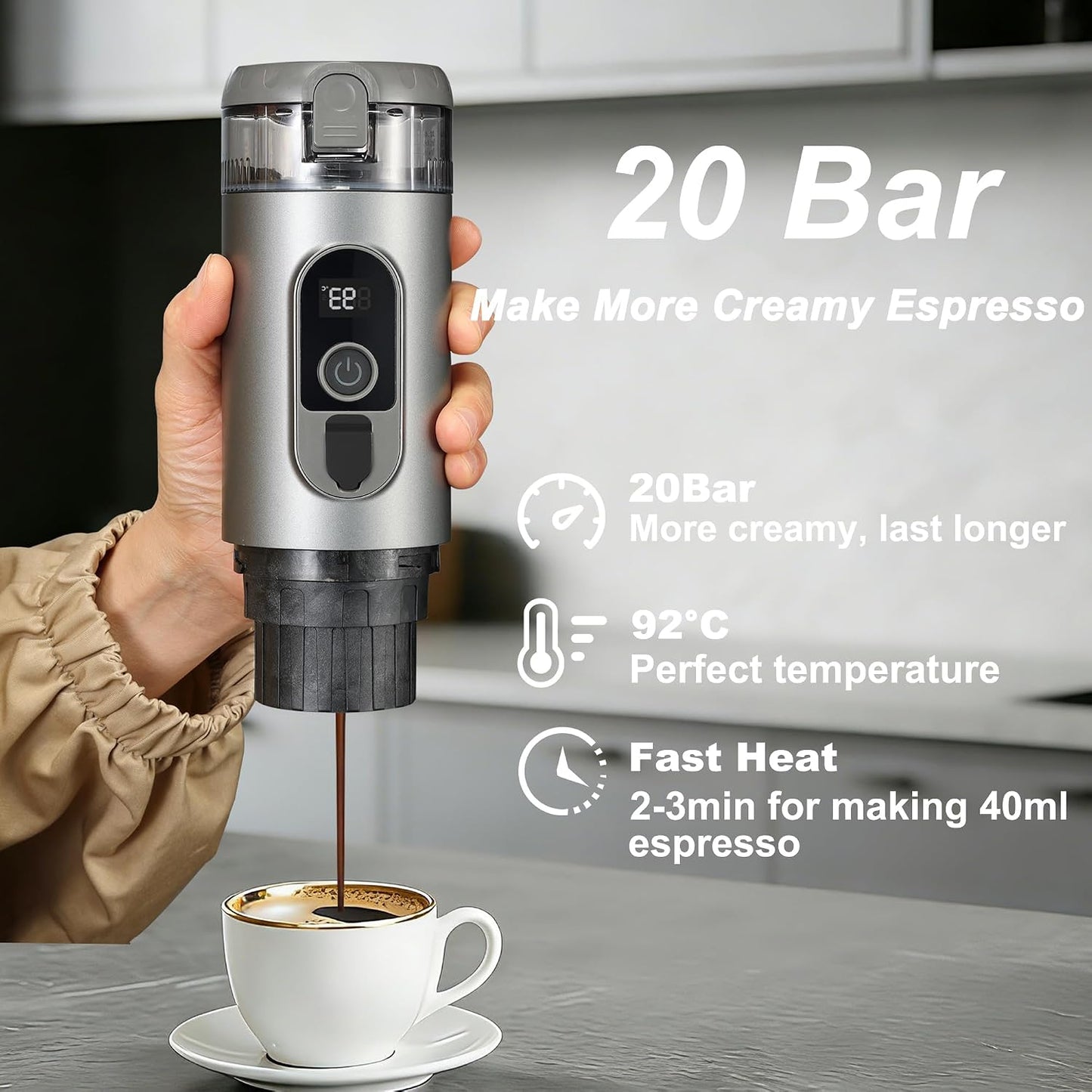 Portable Electric Espresso Machine Self-Heating Travel Coffee Maker 2-In-1 Compatible with Ground Coffee & NS Capsules for Camping, RV, Car, Hiking & Office, Gray