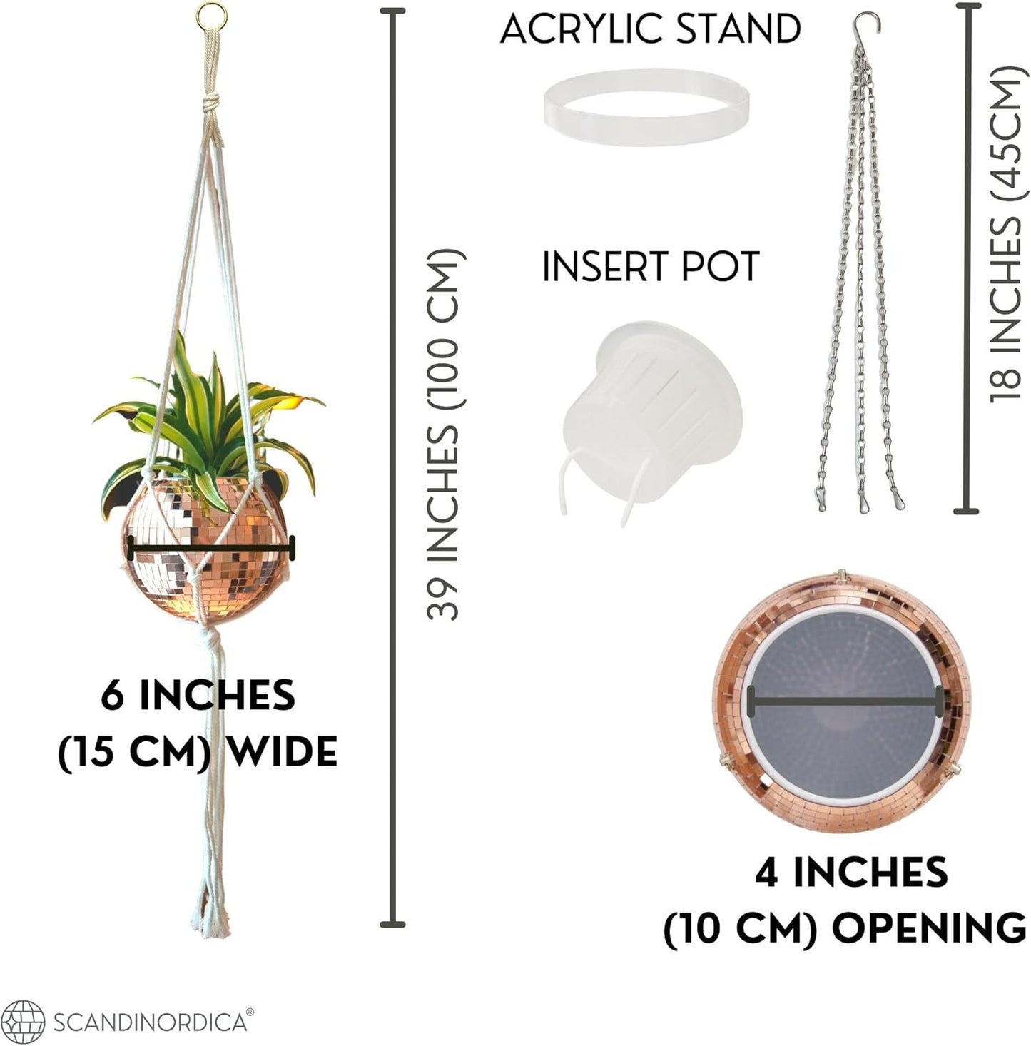 Disco Ball Planter – Value Package: Mirror Disco Planter with Chain, Macrame Hanger and Acrylic Stand for Desk, Includes Self Watering Insert, Quirky Gifts | 6 Inch Rose Gold