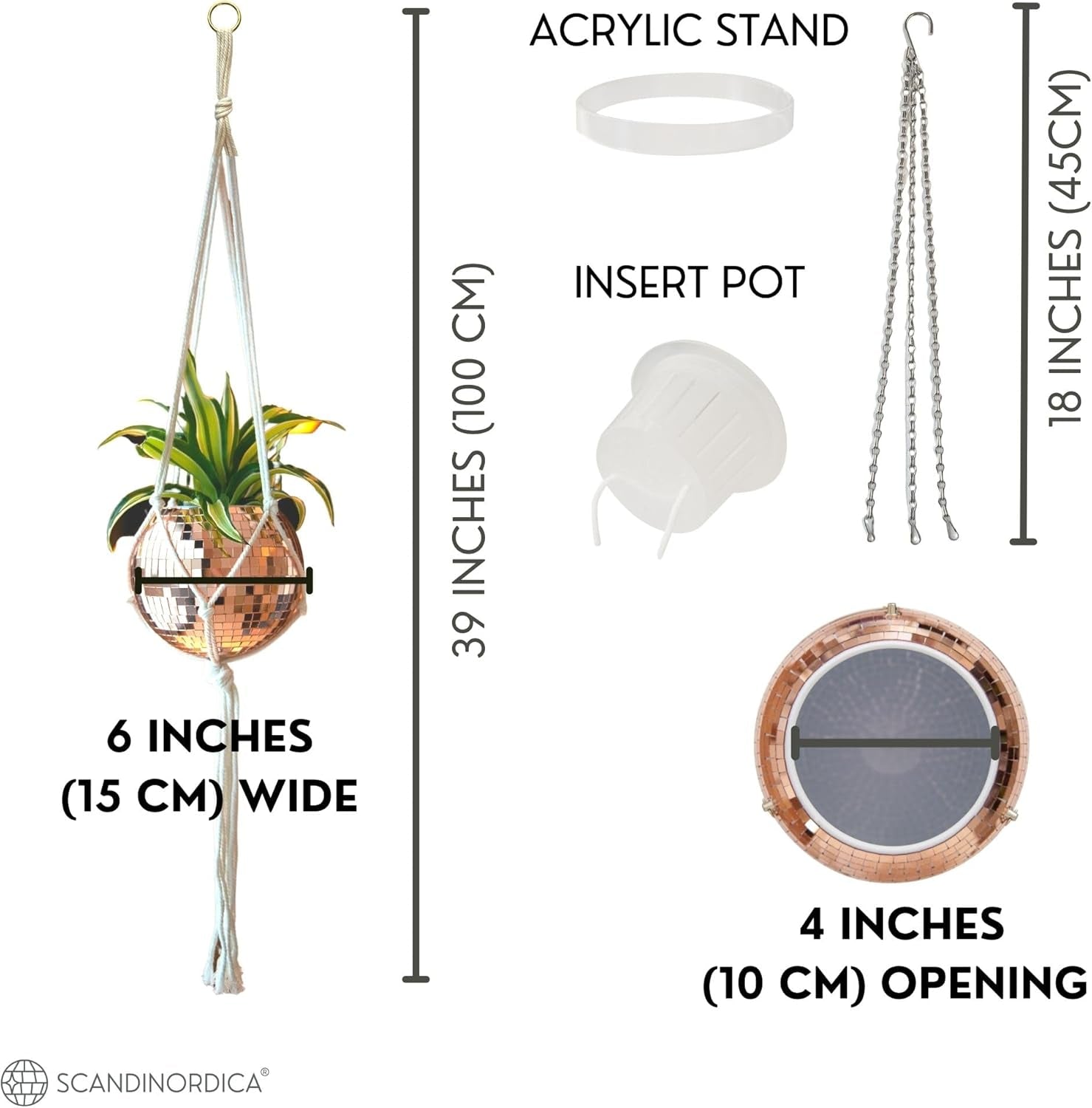 Disco Ball Planter – Value Package: Mirror Disco Planter with Chain, Macrame Hanger and Acrylic Stand for Desk, Includes Self Watering Insert, Quirky Gifts | 6 Inch Rose Gold