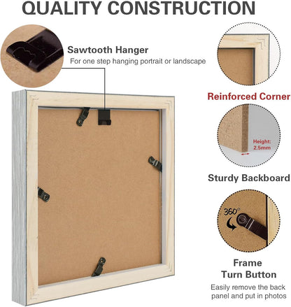 , 6X6 Square Picture Frame - Solid Wood with Real Glass - Display Picture 4X4 with Mat or 6X6 without Mat - Grey Photo Frame for Wall Decor, 3 Pack