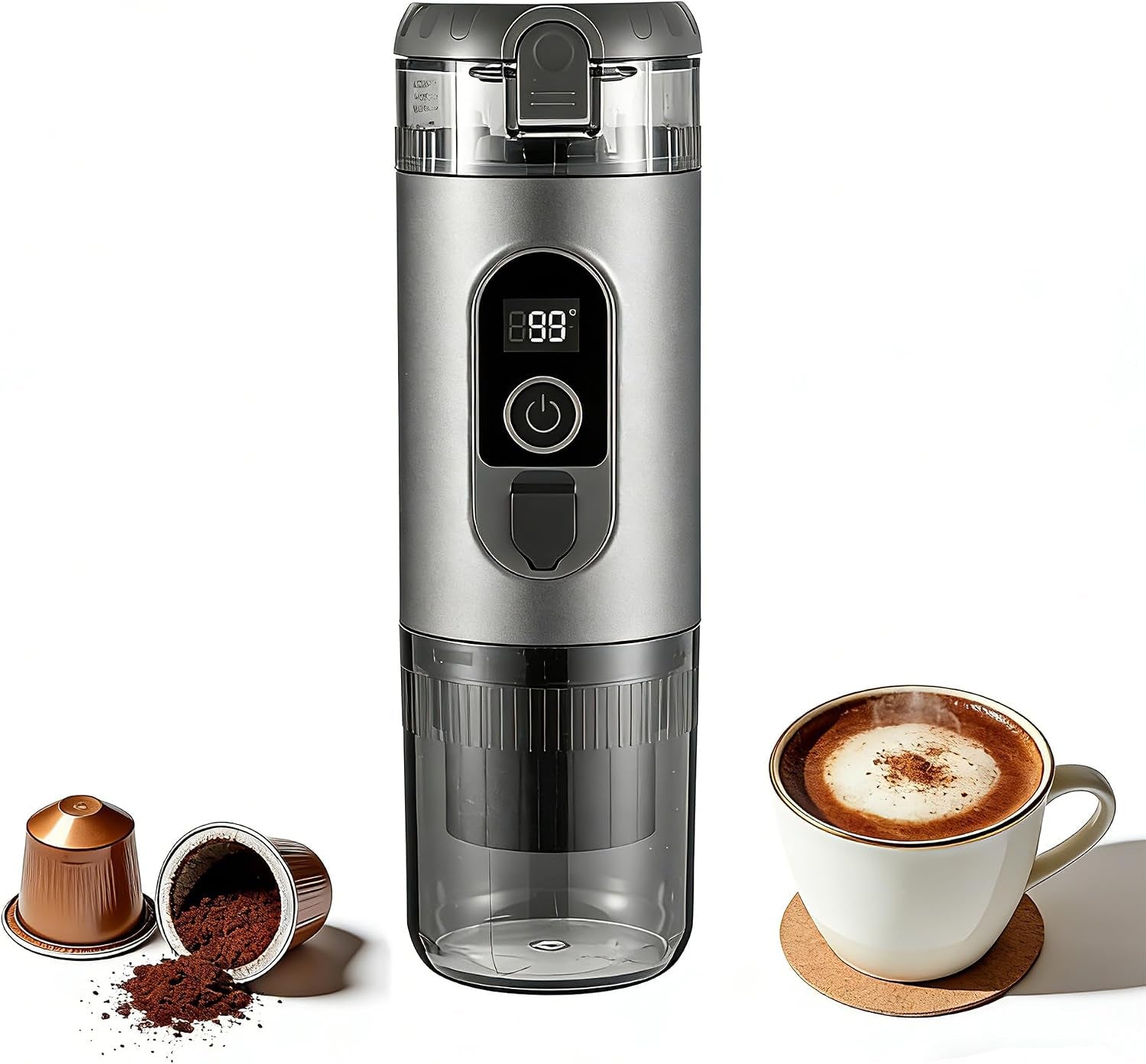 Portable Electric Espresso Machine Self-Heating Travel Coffee Maker 2-In-1 Compatible with Ground Coffee & NS Capsules for Camping, RV, Car, Hiking & Office, Gray