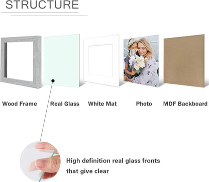 , 6X6 Square Picture Frame - Solid Wood with Real Glass - Display Picture 4X4 with Mat or 6X6 without Mat - Grey Photo Frame for Wall Decor, 3 Pack