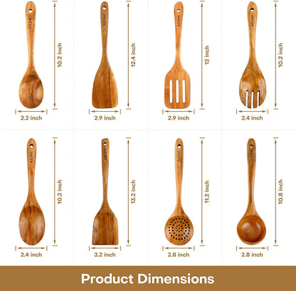 Teak Wood 8-Piece Wooden Kitchen Utensils Set, Wooden Spoons for Cooking, Smooth Wood Spatula Set for Nonstick Cookware, Daily Cooking, Housewarming Gift
