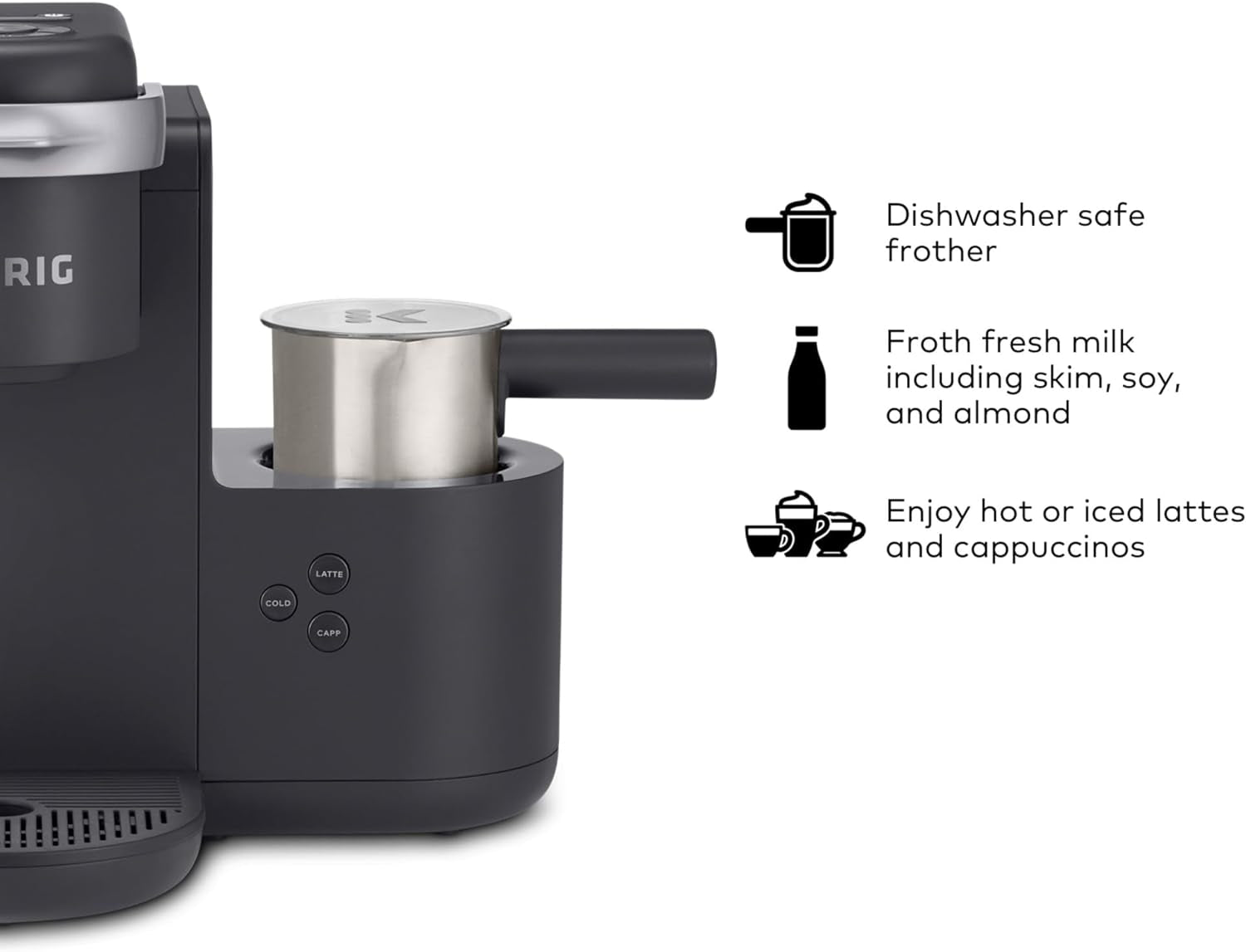 K-Cafe Single-Serve K-Cup Coffee Maker, Latte Maker and Cappuccino Maker, Comes with Dishwasher Safe Milk Frother, Coffee Shot Capability, Compatible with All  K-Cup Pods, Dark Charcoal