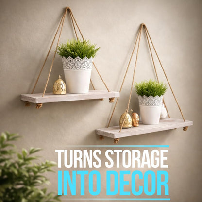 Rustic White Hanging Wall Shelves – Set of 2 – 17"×5.2" Paulownia | Rustic White; Paulownia Wood; Set of 2; 17"W X 5.2"D X 0.8"H Each; Jute Rope; Wall Mount; Farmhouse Boho Decor