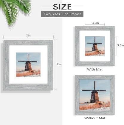 , 6X6 Square Picture Frame - Solid Wood with Real Glass - Display Picture 4X4 with Mat or 6X6 without Mat - Grey Photo Frame for Wall Decor, 3 Pack