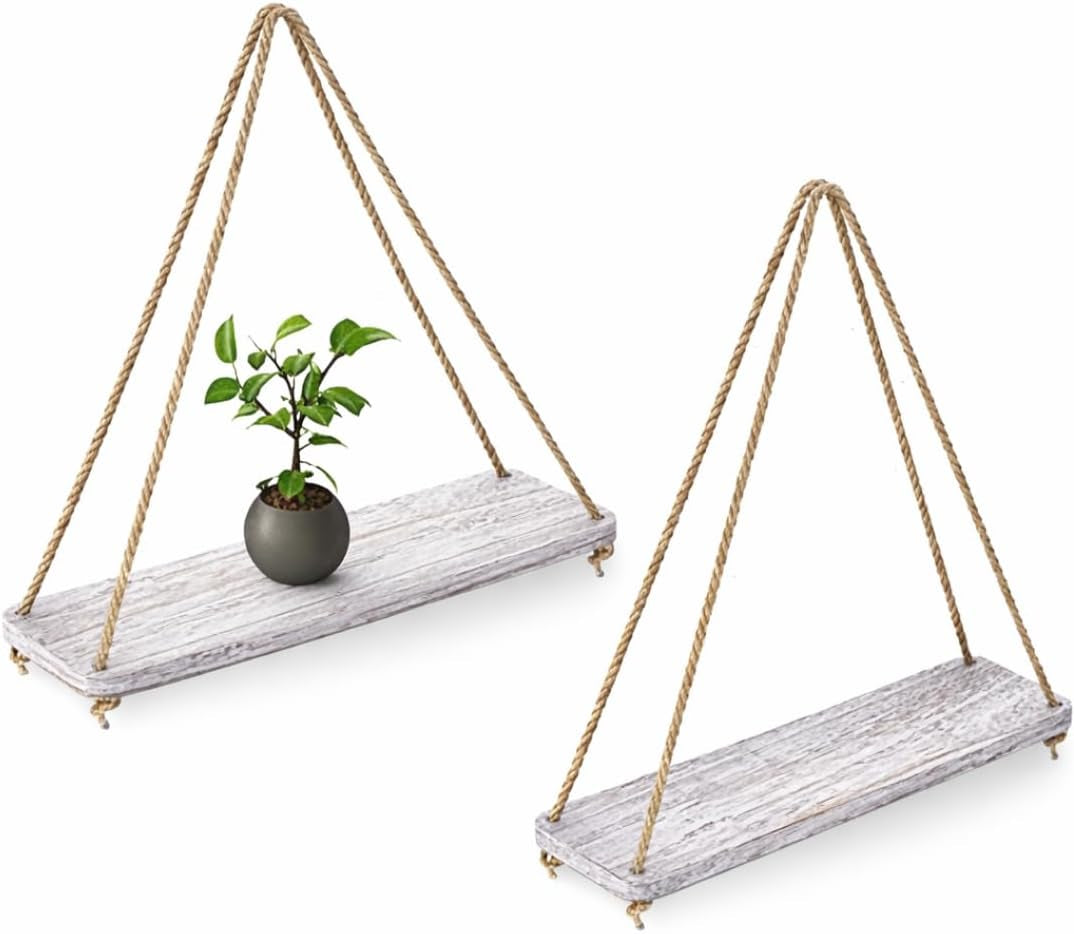 Rustic White Hanging Wall Shelves – Set of 2 – 17"×5.2" Paulownia | Rustic White; Paulownia Wood; Set of 2; 17"W X 5.2"D X 0.8"H Each; Jute Rope; Wall Mount; Farmhouse Boho Decor