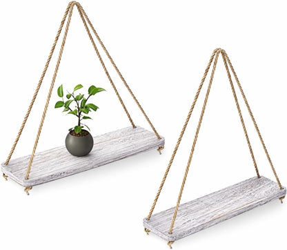 Rustic White Hanging Wall Shelves – Set of 2 – 17"×5.2" Paulownia | Rustic White; Paulownia Wood; Set of 2; 17"W X 5.2"D X 0.8"H Each; Jute Rope; Wall Mount; Farmhouse Boho Decor