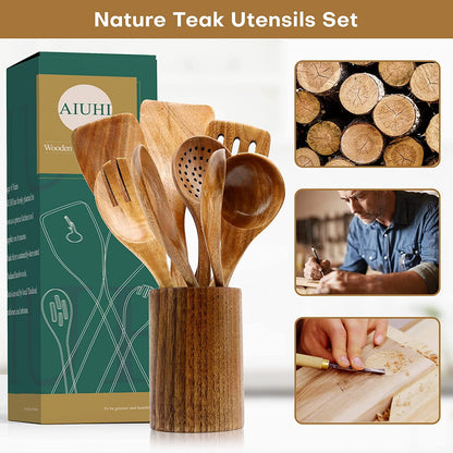 Teak Wood 8-Piece Wooden Kitchen Utensils Set, Wooden Spoons for Cooking, Smooth Wood Spatula Set for Nonstick Cookware, Daily Cooking, Housewarming Gift