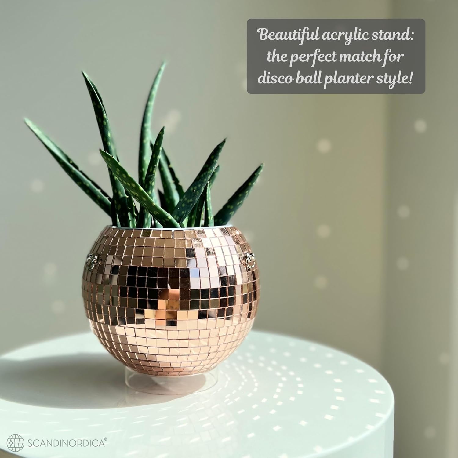 Disco Ball Planter – Value Package: Mirror Disco Planter with Chain, Macrame Hanger and Acrylic Stand for Desk, Includes Self Watering Insert, Quirky Gifts | 6 Inch Rose Gold