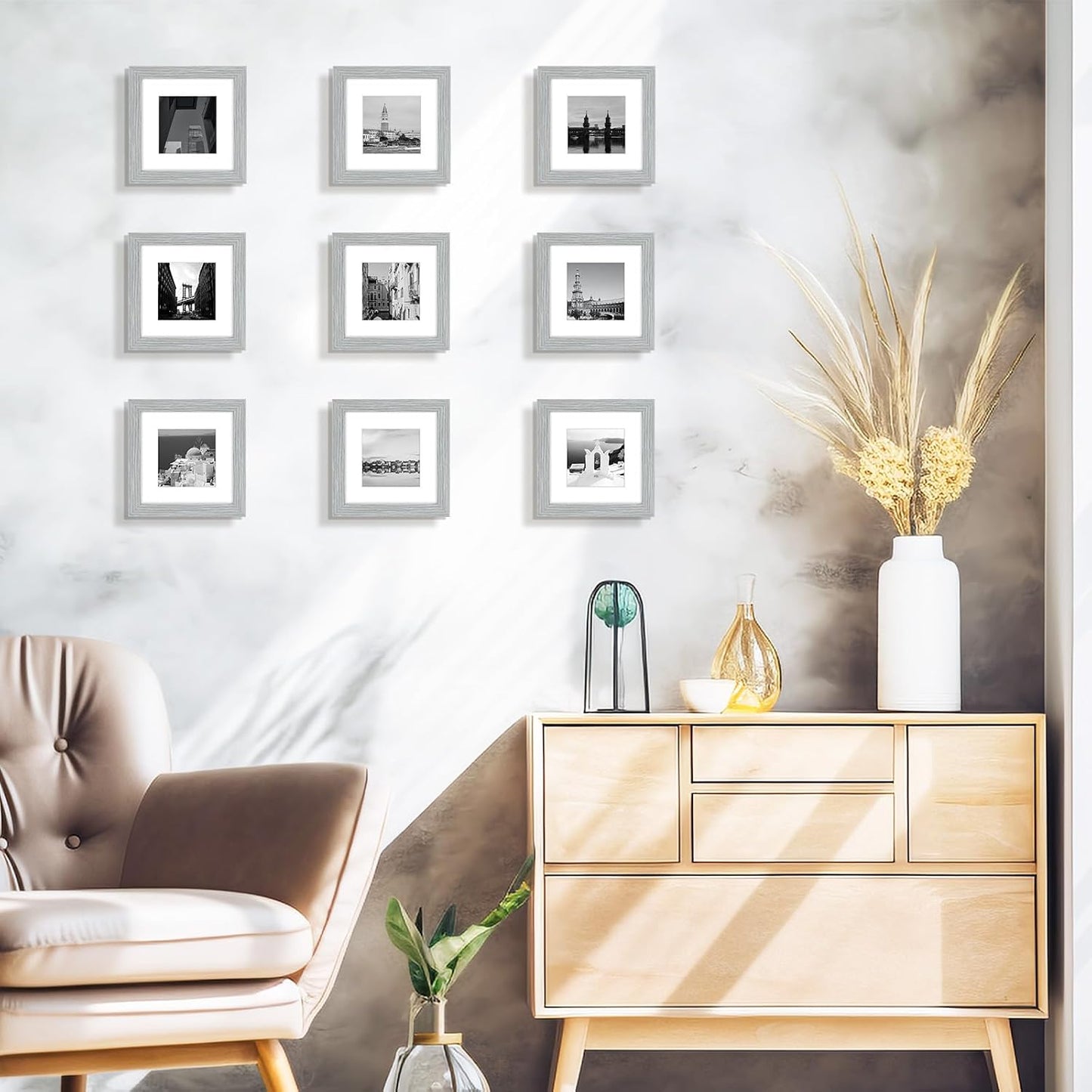 , 6X6 Square Picture Frame - Solid Wood with Real Glass - Display Picture 4X4 with Mat or 6X6 without Mat - Grey Photo Frame for Wall Decor, 3 Pack