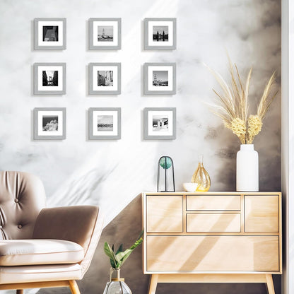 , 6X6 Square Picture Frame - Solid Wood with Real Glass - Display Picture 4X4 with Mat or 6X6 without Mat - Grey Photo Frame for Wall Decor, 3 Pack