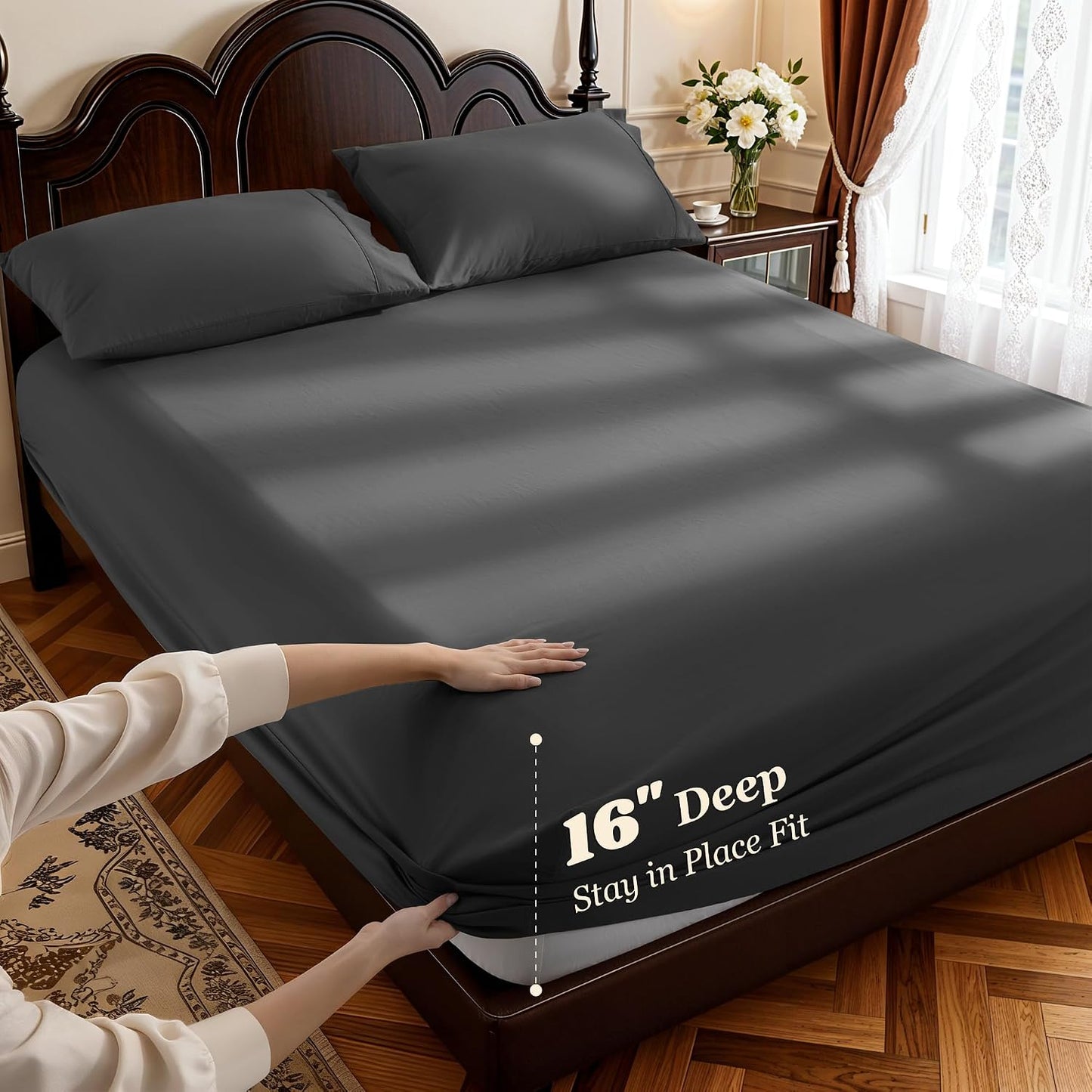 1000 Thread Count 100% Egyptian Cotton Sheets Set,Full Size Bed Sheet 4 Piece Sets,Long Staple,16 Inches Deep Pocket,All Season,Bedding Super Soft Breathable,Sateen Weave (Black)