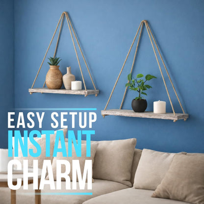 Rustic White Hanging Wall Shelves – Set of 2 – 17"×5.2" Paulownia | Rustic White; Paulownia Wood; Set of 2; 17"W X 5.2"D X 0.8"H Each; Jute Rope; Wall Mount; Farmhouse Boho Decor