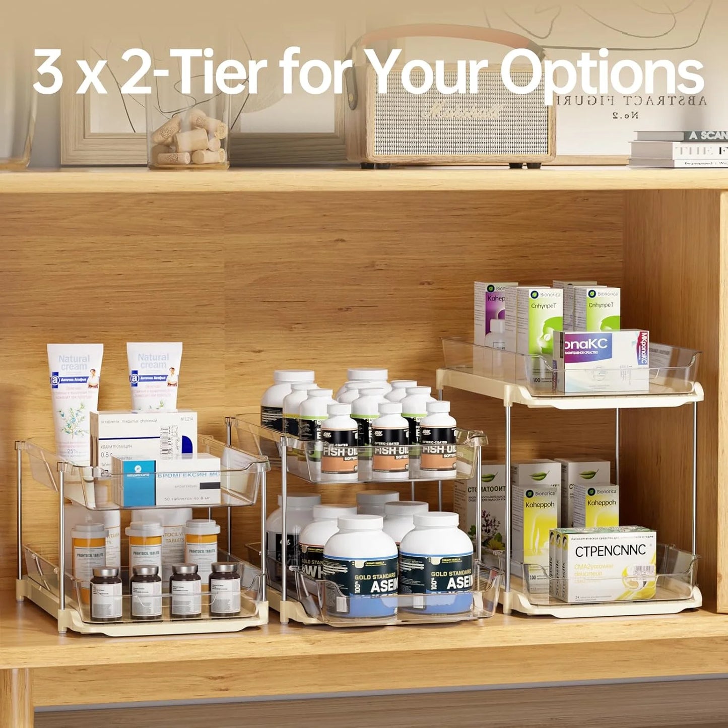 3 Tier Pull-Out under Sink Organizer Storage,  Bathroom Stackable Pantry Counter Sliding Cabinet Organization and Storage, 2 Sets, Beige
