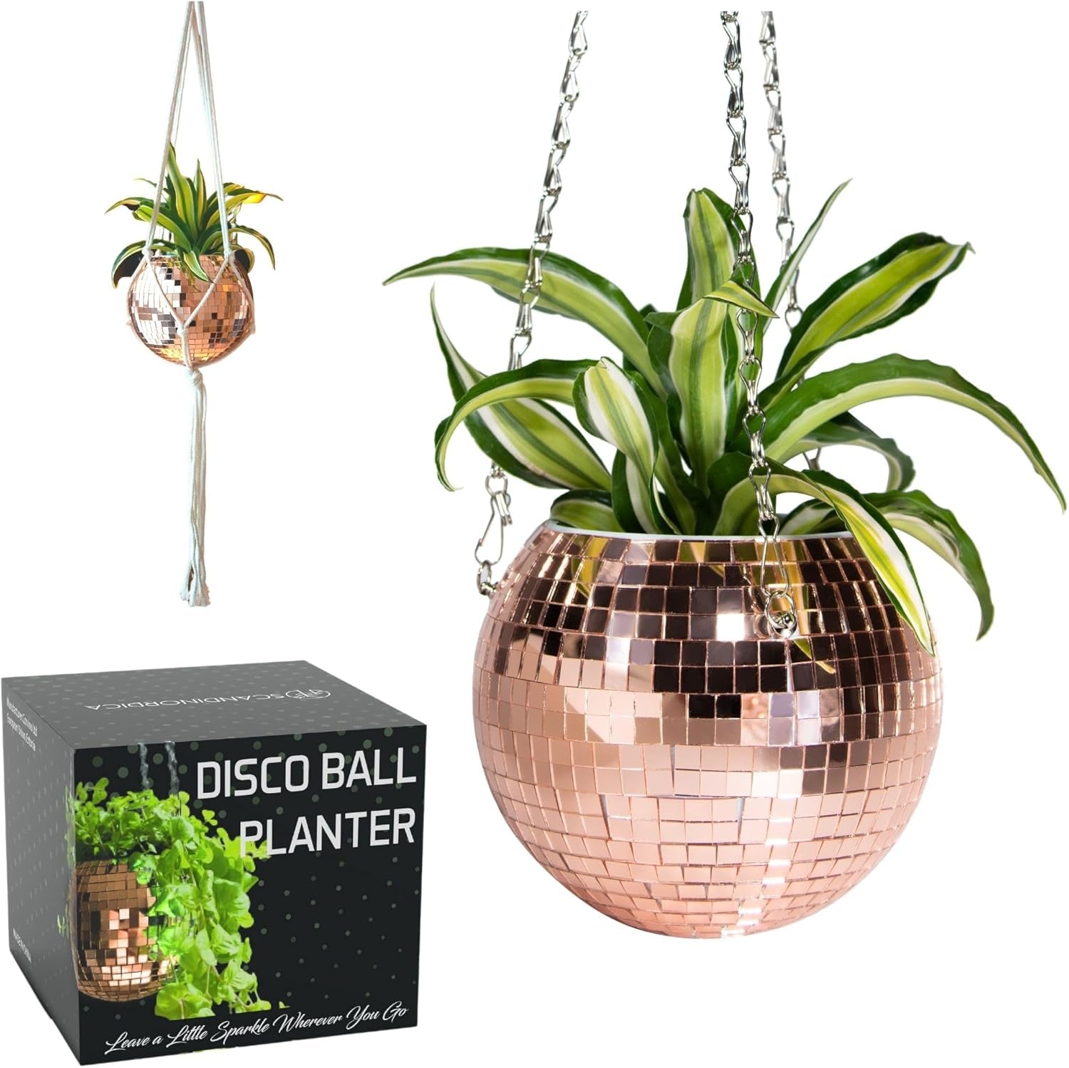 Disco Ball Planter – Value Package: Mirror Disco Planter with Chain, Macrame Hanger and Acrylic Stand for Desk, Includes Self Watering Insert, Quirky Gifts | 6 Inch Rose Gold