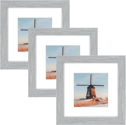 , 6X6 Square Picture Frame - Solid Wood with Real Glass - Display Picture 4X4 with Mat or 6X6 without Mat - Grey Photo Frame for Wall Decor, 3 Pack