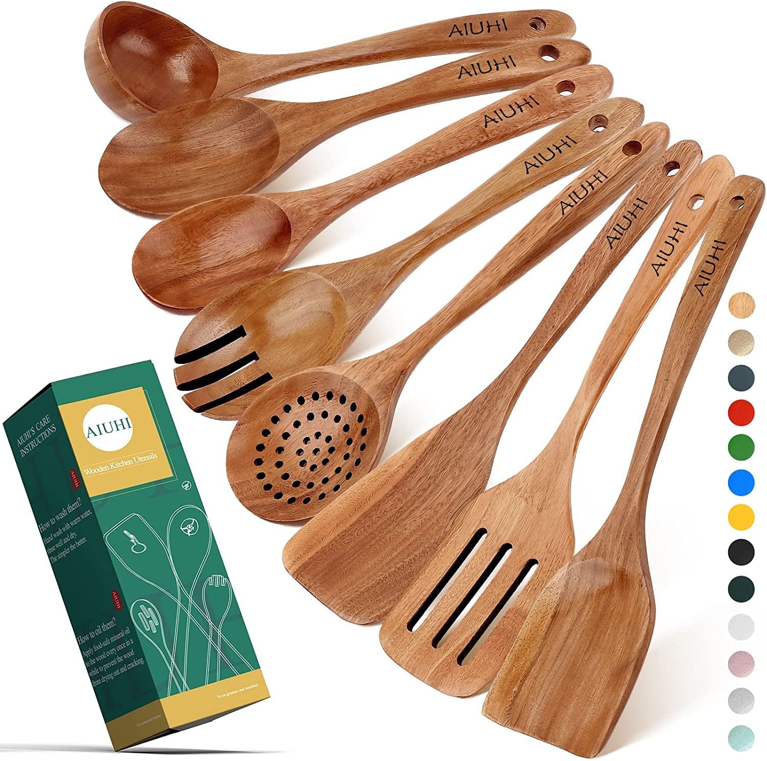Teak Wood 8-Piece Wooden Kitchen Utensils Set, Wooden Spoons for Cooking, Smooth Wood Spatula Set for Nonstick Cookware, Daily Cooking, Housewarming Gift